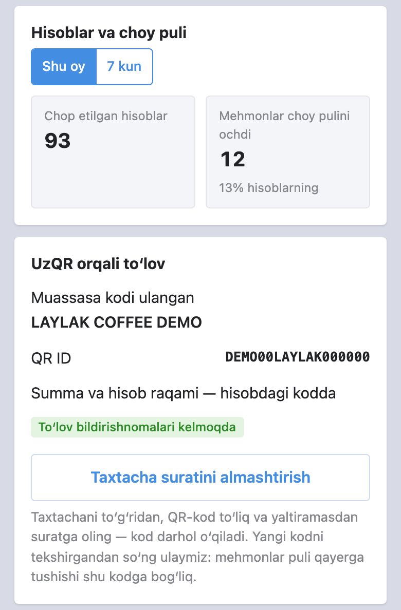 Boshqaruvchi kabineti: oylik oldindan cheklar va skanlar, muassasaning UzQR kodi va «Toʻlov bildirishnomalari kelmoqda» belgisi