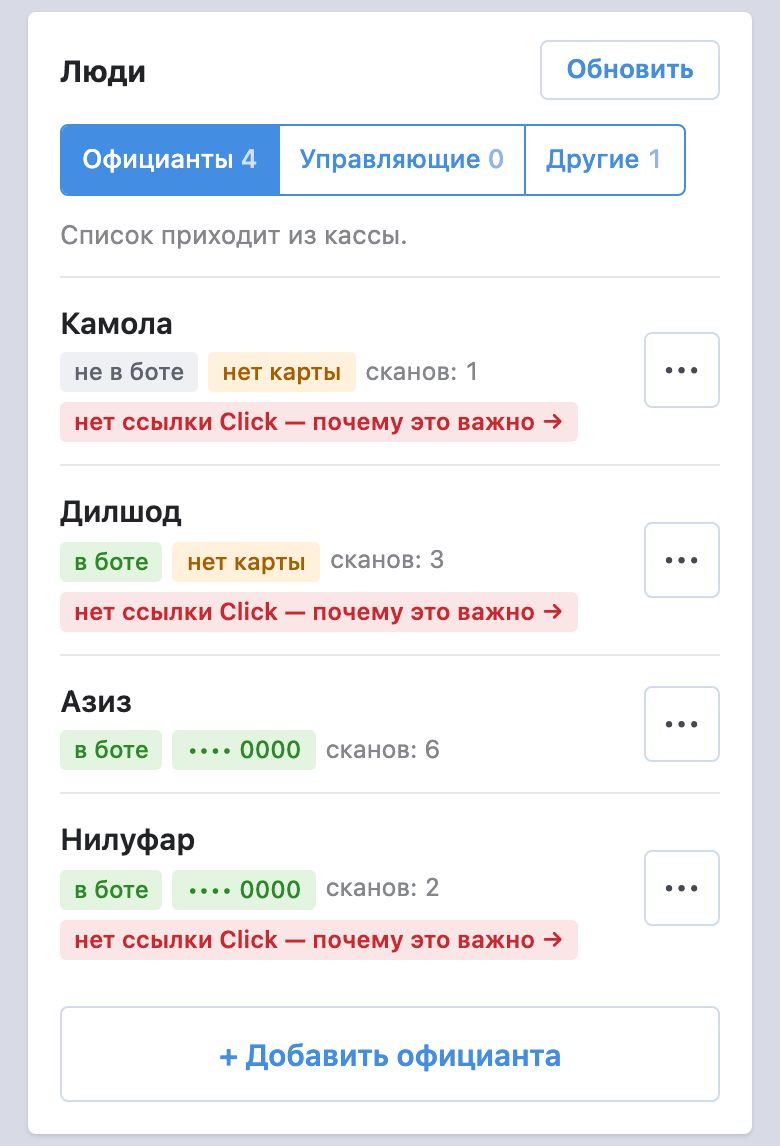 Кабинет управляющего: раздел «Люди» с вкладками «Официанты», «Управляющие», «Другие» и кнопкой «Обновить»; у официантов отметки «в боте» или «не в боте», последние цифры карты или «нет карты», число сканов, красная отметка «нет ссылки Click», меню «⋯» и кнопка «+ Добавить официанта»
