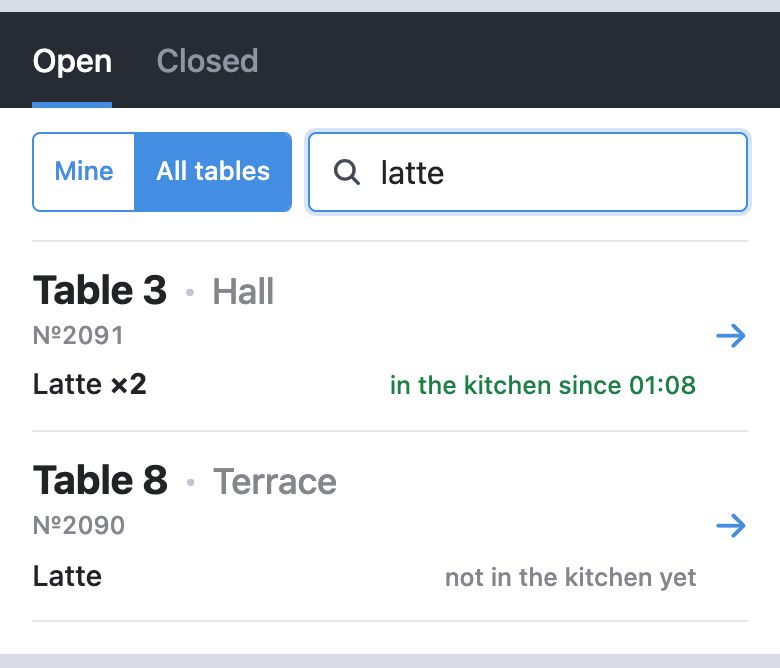 «Find the table» with «latte» typed: «All tables» on, two orders — «Table 3 · Hall, №2091, Latte ×2, in the kitchen since …» and «Table 8 · Terrace, №2090, Latte, not in the kitchen yet»