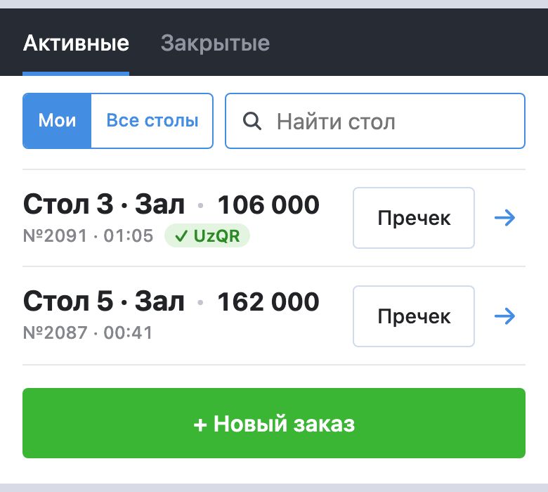 Карточка заказов: вкладки «Активные» и «Закрытые», переключатель «Мои» / «Все столы» и поле «Найти стол», заказы «Стол 3 · 106 000» с отметкой «✓ UzQR» и «Стол 5 · 162 000», у обоих кнопка «Пречек», внизу «+ Новый заказ»