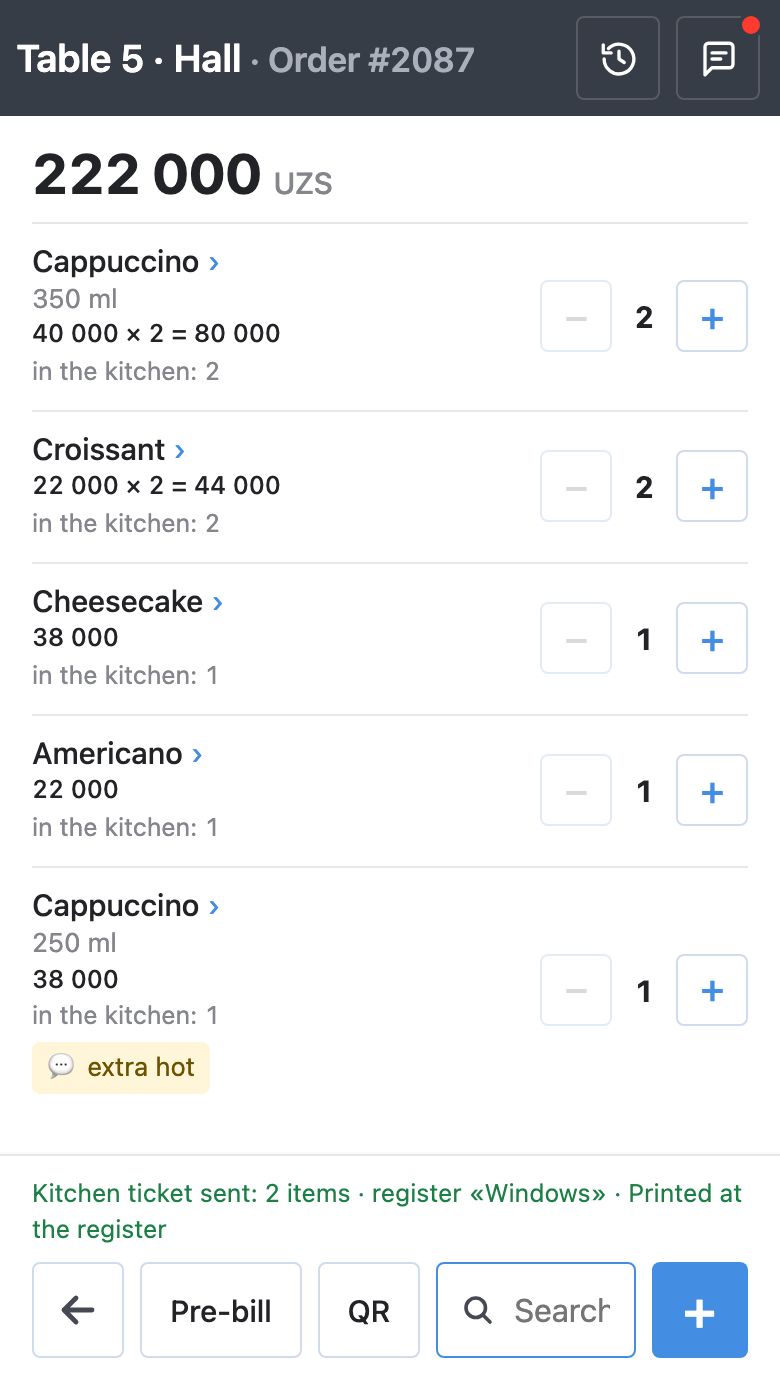 The order screen «Table 5 · Hall»: the history and comment icons at the top right, 222 000 UZS, five dishes with − and + buttons and an «in the kitchen» line, and at the bottom «Kitchen ticket sent: 2 items · register «Windows» · Printed at the register» with the «←» arrow, «Pre-bill», «QR», the «Search» field and the blue «+»