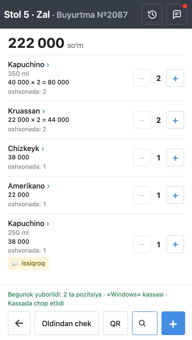 «Stol 5 · Zal» buyurtma ekrani: oʻng yuqorida tarix va izoh belgilari, 222 000 soʻm, − va + tugmali va «oshxonada» qatorli beshta taom, pastda «Begunok yuborildi: 2 ta pozitsiya · «Windows» kassasi · Kassada chop etildi», «←» strelkasi, «Oldindan chek», «QR» tugmalari, «Qidirish» maydoni va koʻk «+»