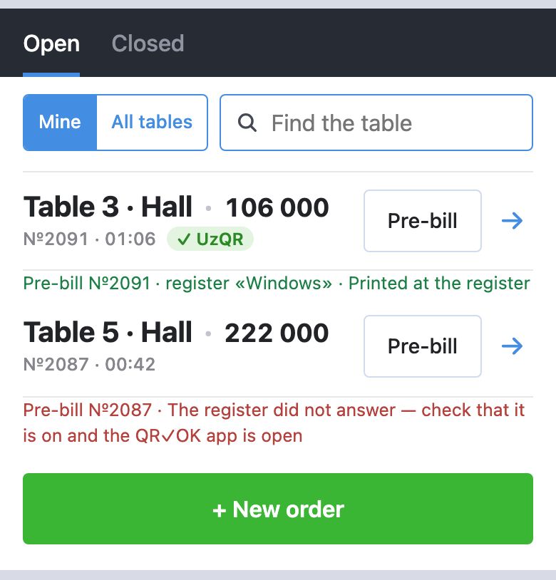 The order list: order №2091 shows «Pre-bill №2091 · register «Windows» · Printed at the register», №2087 shows «The register did not answer — check that it is on and the QR✓OK app is open»