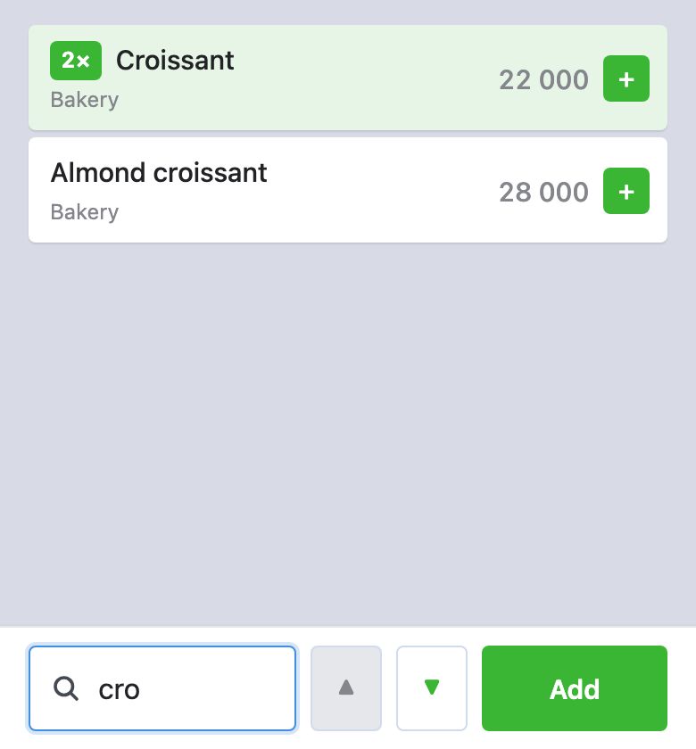 The search in an order: «cro» typed in the field at the bottom, «Croissant» marked «2×» and highlighted, and «Almond croissant» found, each with «+»; beside the field ▲ ▼ and the green «Add» button