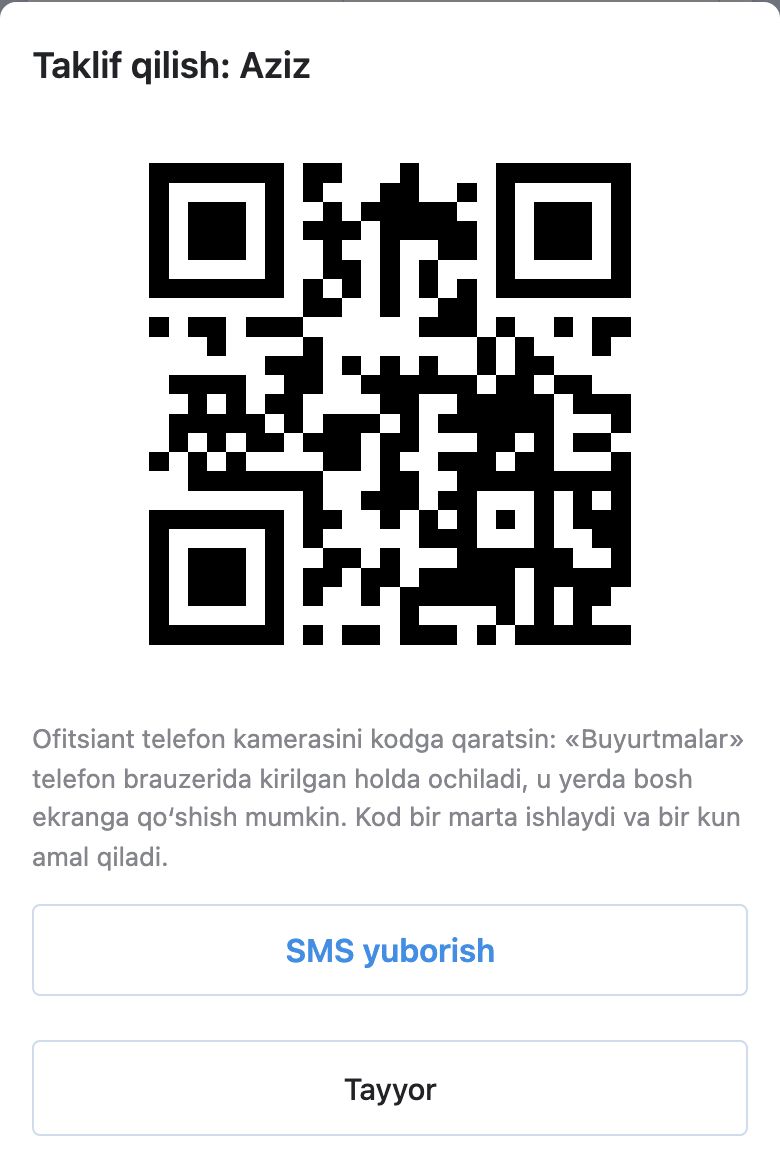 Boshqaruvchi kabinetida «Taklif qilish: Aziz» oynasi: QR-kod, kod bir marta ishlashi va bir kun amal qilishi haqida eslatma, «SMS yuborish» havolasi va «Tayyor» tugmasi