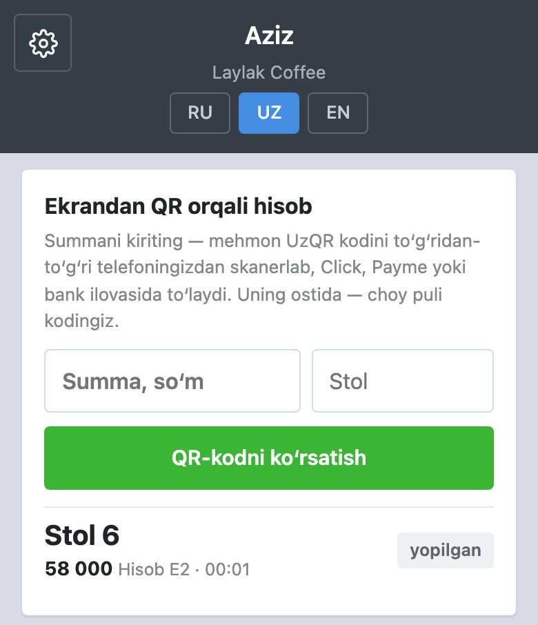 «Ekrandan QR orqali hisob»: summa va stol maydonlari, «QR-kodni koʻrsatish» tugmasi va bugungi hisoblar