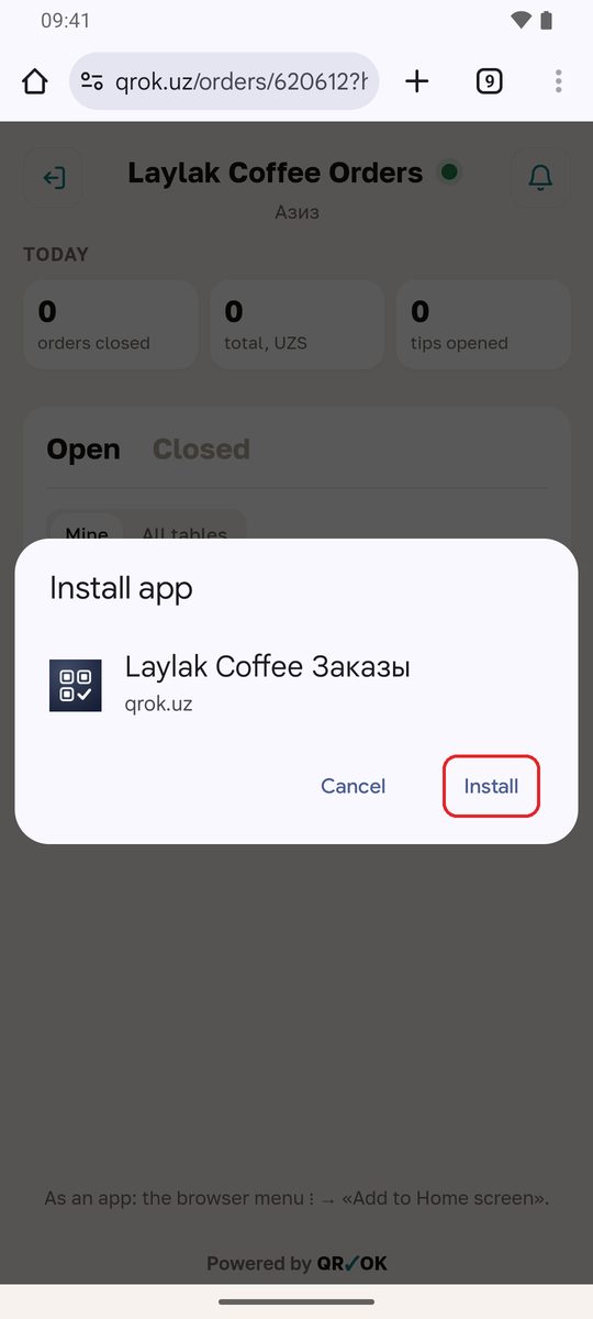 The «Install app» window: «Laylak Coffee Заказы», qrok.uz, the «Cancel» and «Install» buttons
