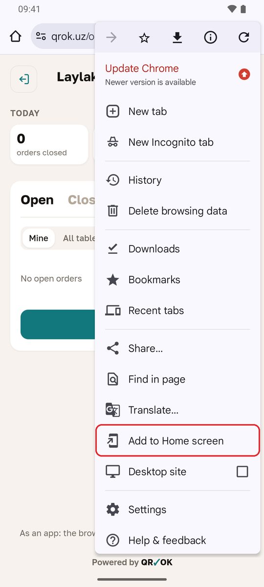 Chrome on Android with the «Orders» page and the «⋮» menu open: «Share…», «Find in page», «Add to Home screen»
