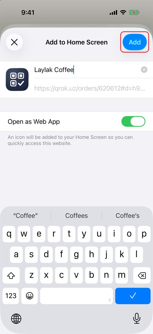 The «Add to Home Screen» window: the venue icon, the name «Laylak Coffee», «Open as Web App» on, the «Add» button