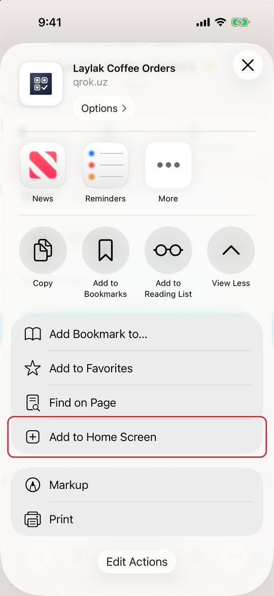 The «Share» sheet for «Laylak Coffee Заказы»: «Add to Home Screen» at the bottom of the list