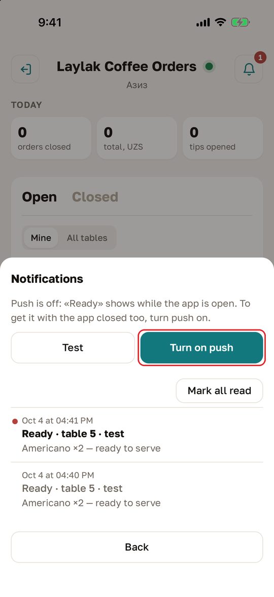 The «Notifications» window: «Push is off…», the «Test» and «Turn on push» buttons, «Mark all read» and two notices «Ready · table 5 · test», the unread one with a red dot