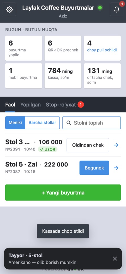 Pastda «Tayyor · 5-stol» bildirishnomasi bilan buyurtmalar roʻyxati