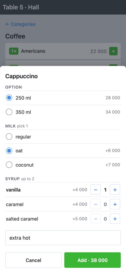 The «Cappuccino» sheet: 250 ml, oat milk, vanilla syrup, a note and the «Add» button