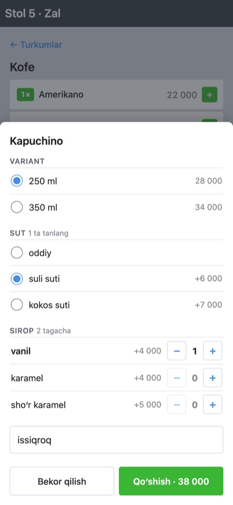 «Kapuchino» oynasi: 250 ml, suli suti, vanil siropi, izoh va «Qoʻshish» tugmasi