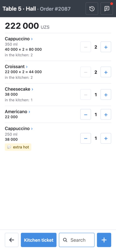 The order «Table 5 · Hall»: dishes with − and + buttons, «Kitchen ticket», «Search» and a blue «+» at the bottom