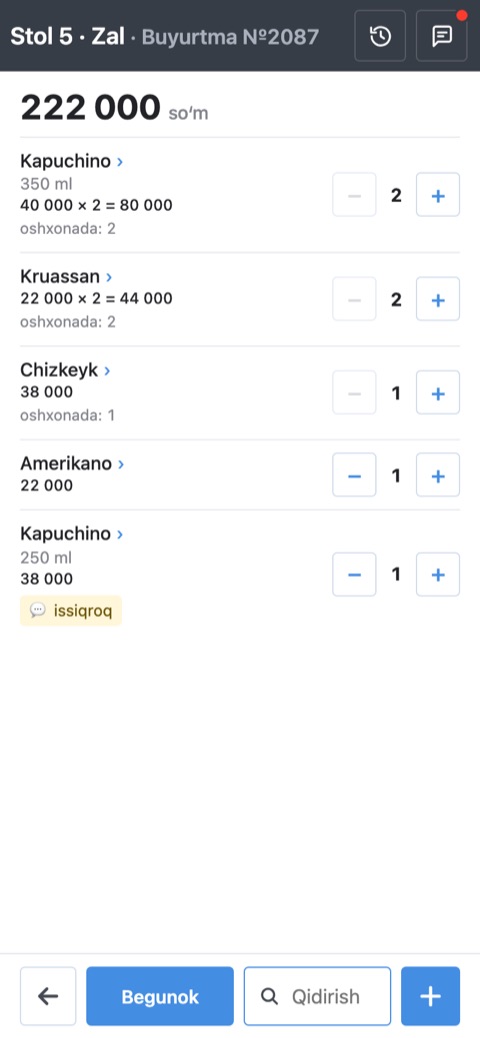 «5-stol · Zal» buyurtmasi: taomlar − va + tugmalari bilan, pastda «Begunok», «Qidiruv» va koʻk «+»