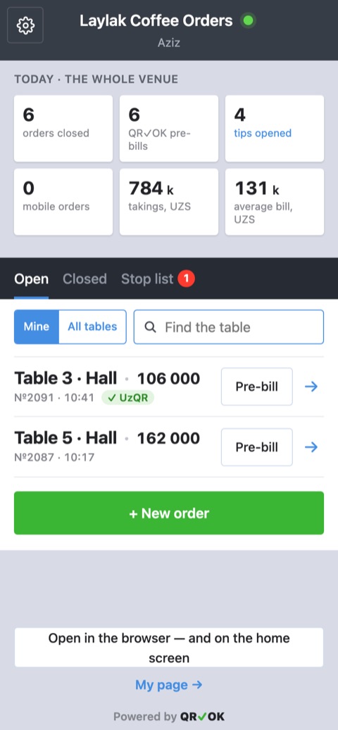 The orders list: «Today» tiles, the «Open», «Closed» and «Stop list» tabs, tables 3 and 5 with a «Pre-bill» button, «+ New order» below