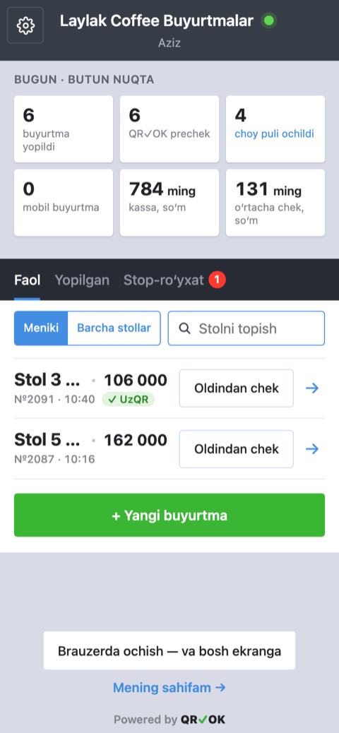 Buyurtmalar roʻyxati: «Bugun» plitkalari, «Faol», «Yopilgan», «Stop-roʻyxat» yorliqlari, 3 va 5-stollar va «Pre-chek» tugmasi