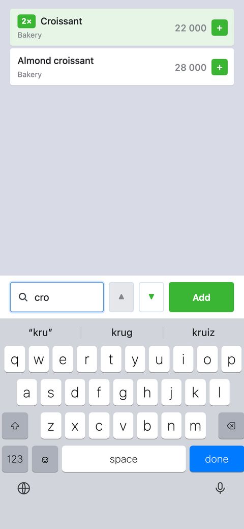 Search «kru»: «Croissant» and «Almond croissant» found, arrows and a green «Add» button at the bottom